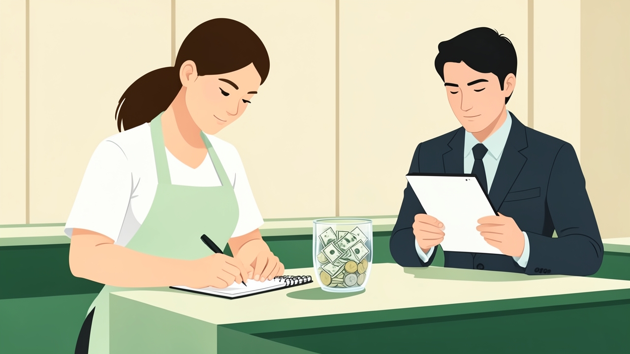 Server recording cash tips at a restaurant counter, illustrating whether servers have to claim tips.
