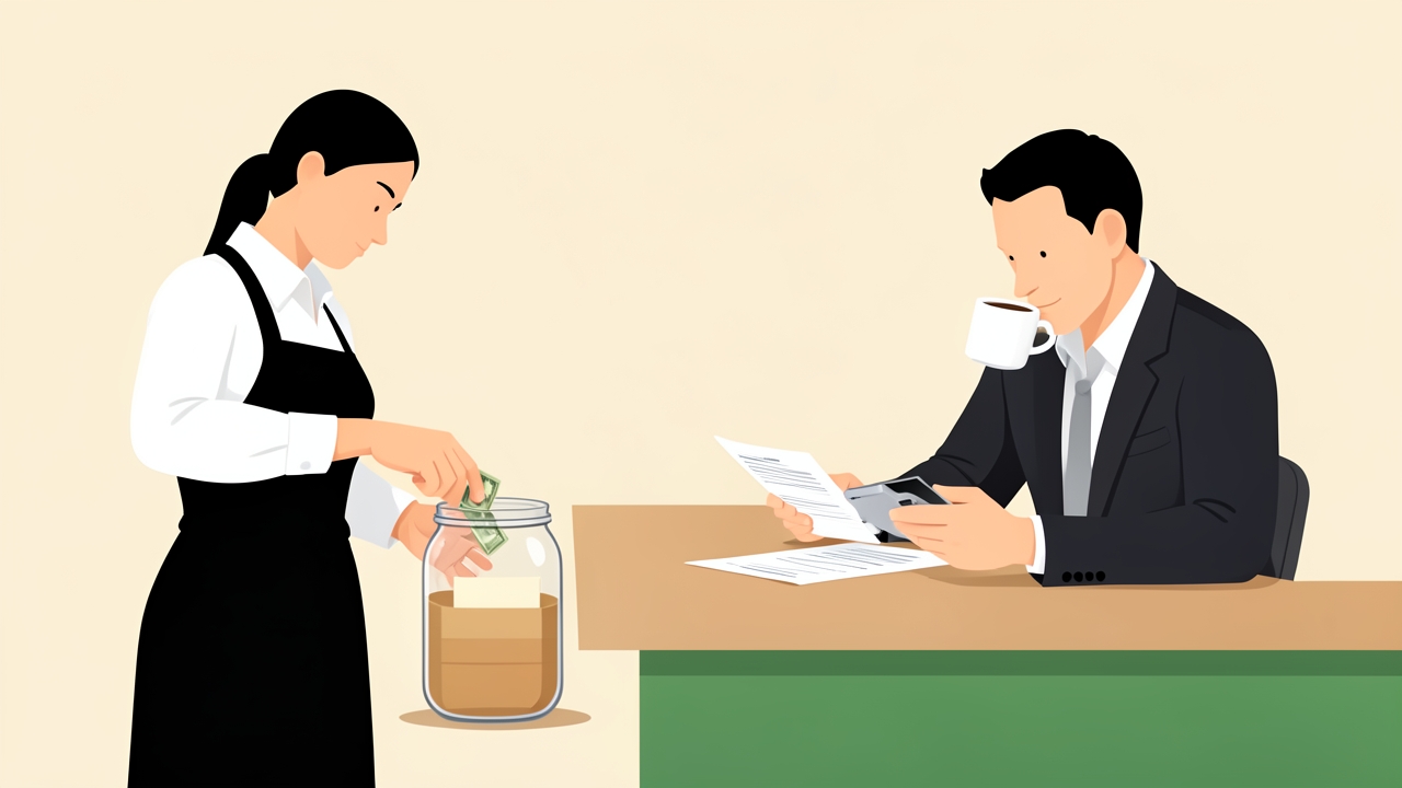 A server collecting tips in a restaurant while a manager handles FICA taxes on tips paperwork.