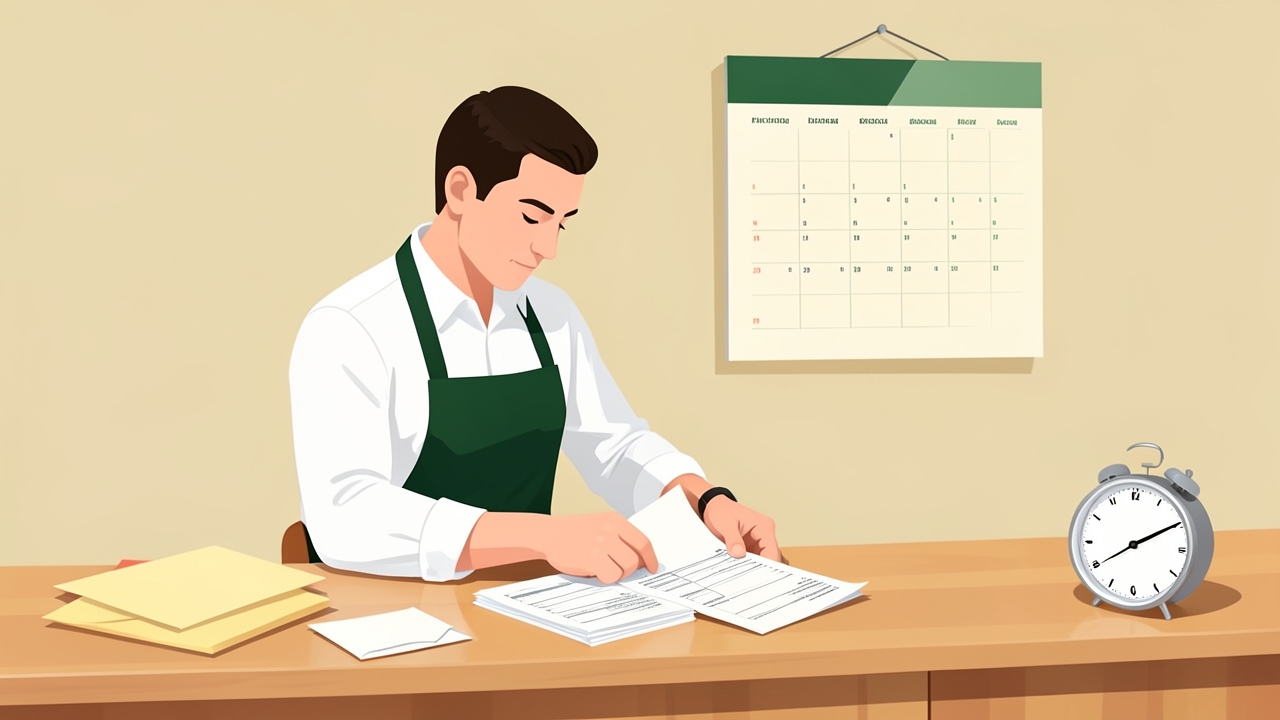 Restaurant manager preparing Form 8027 tax paperwork ahead of the filing deadline.
