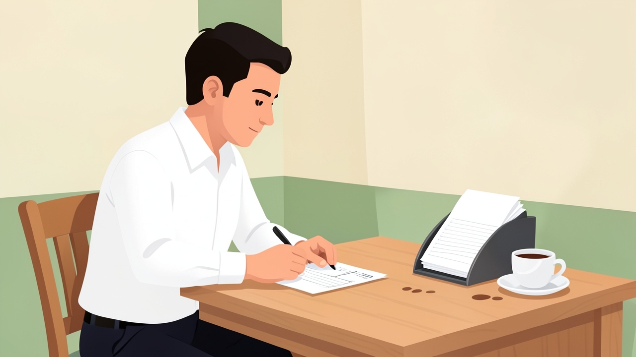Restaurant manager completing Form 8027 instructions at a desk with tip receipts.