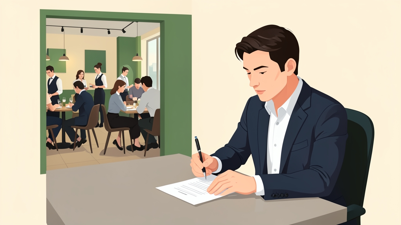 Restaurant manager reviewing Form 8027 paperwork for a large food establishment