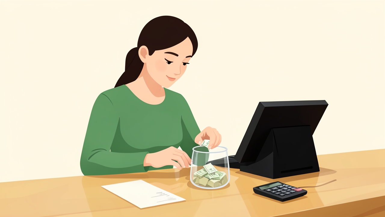 Server counting tips next to a pay stub, showing how tips affect paycheck