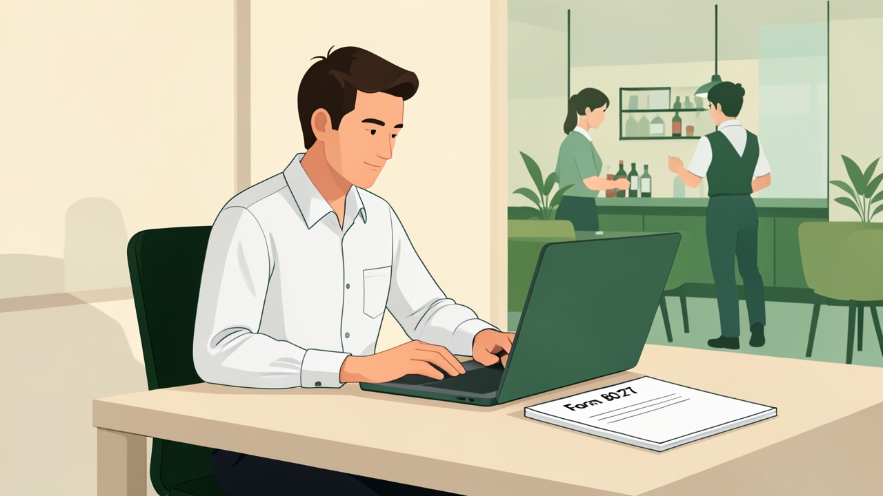 Restaurant manager e-filing Form 8027 electronically at a laptop near tipped employees