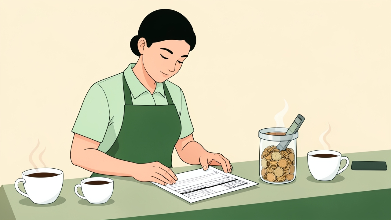 Server reviewing a W-2 form with a tip jar, illustrating how to report tips on W-2 for 2025.