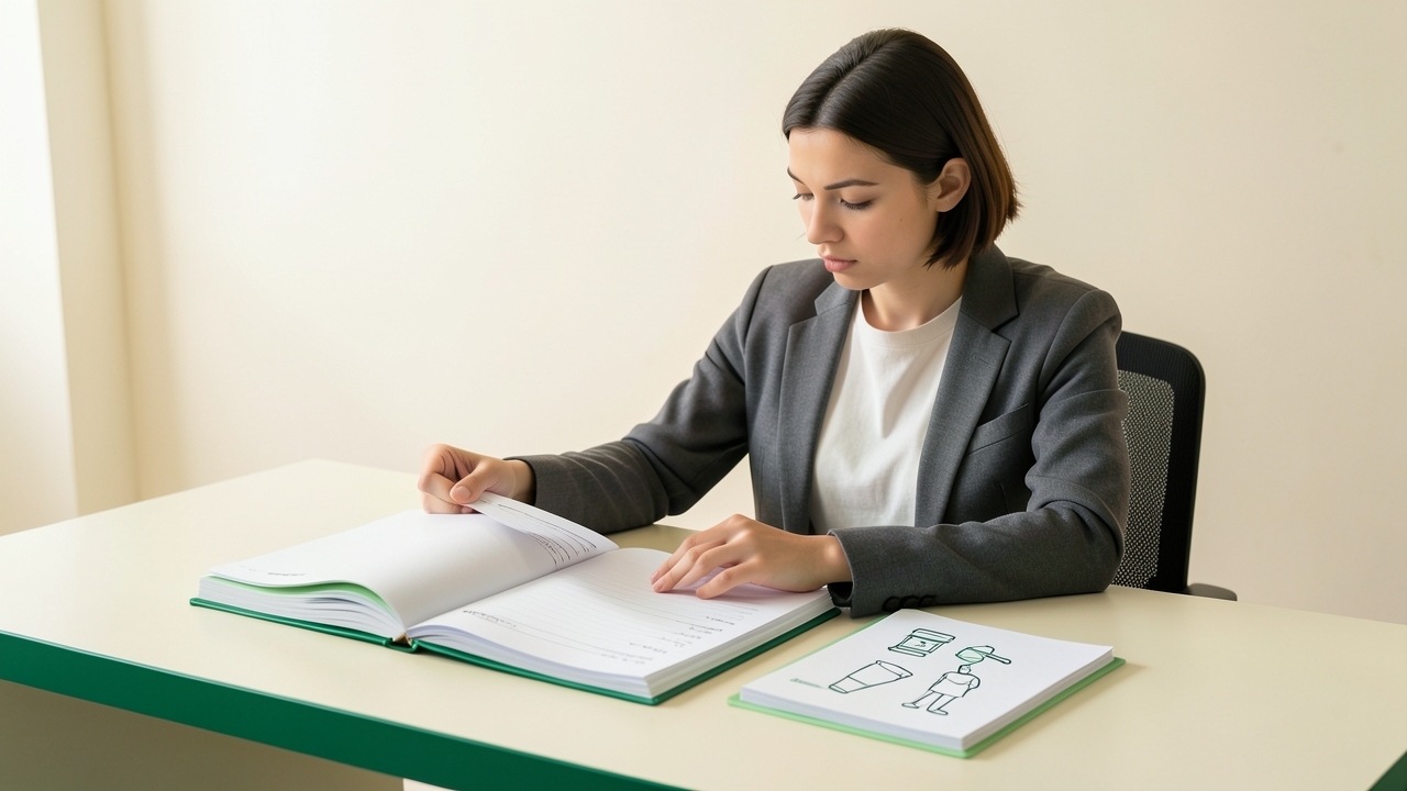 Payroll clerk reviewing W-2 forms next to a booklet listing ttoc codes for tipped occupations.