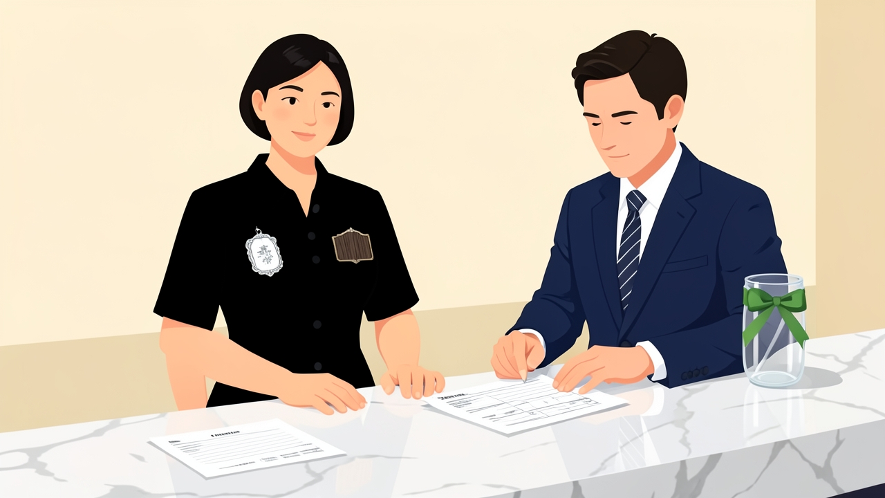 A worker with two tipped roles and a manager reviewing employee two tipped roles ttoc payroll paperwork.