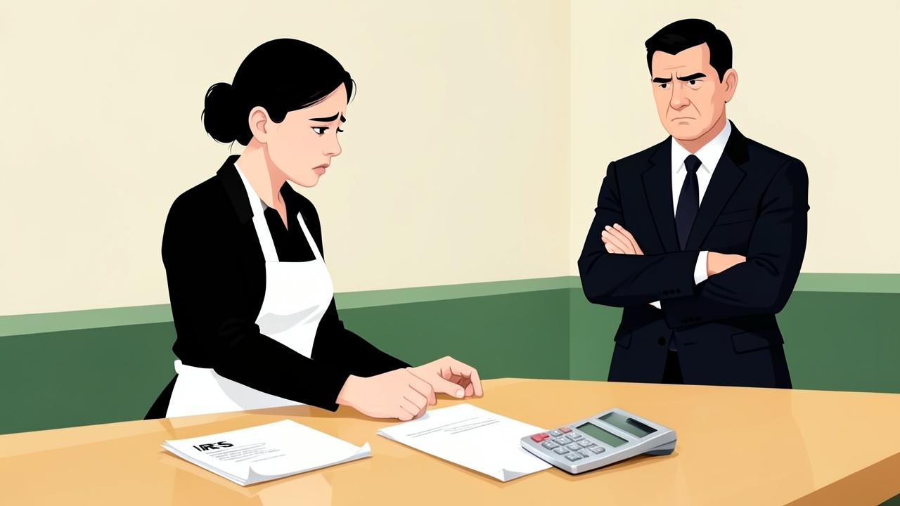 Server reviewing receipts and an IRS notice, illustrating consequences of not reporting tips to the IRS.