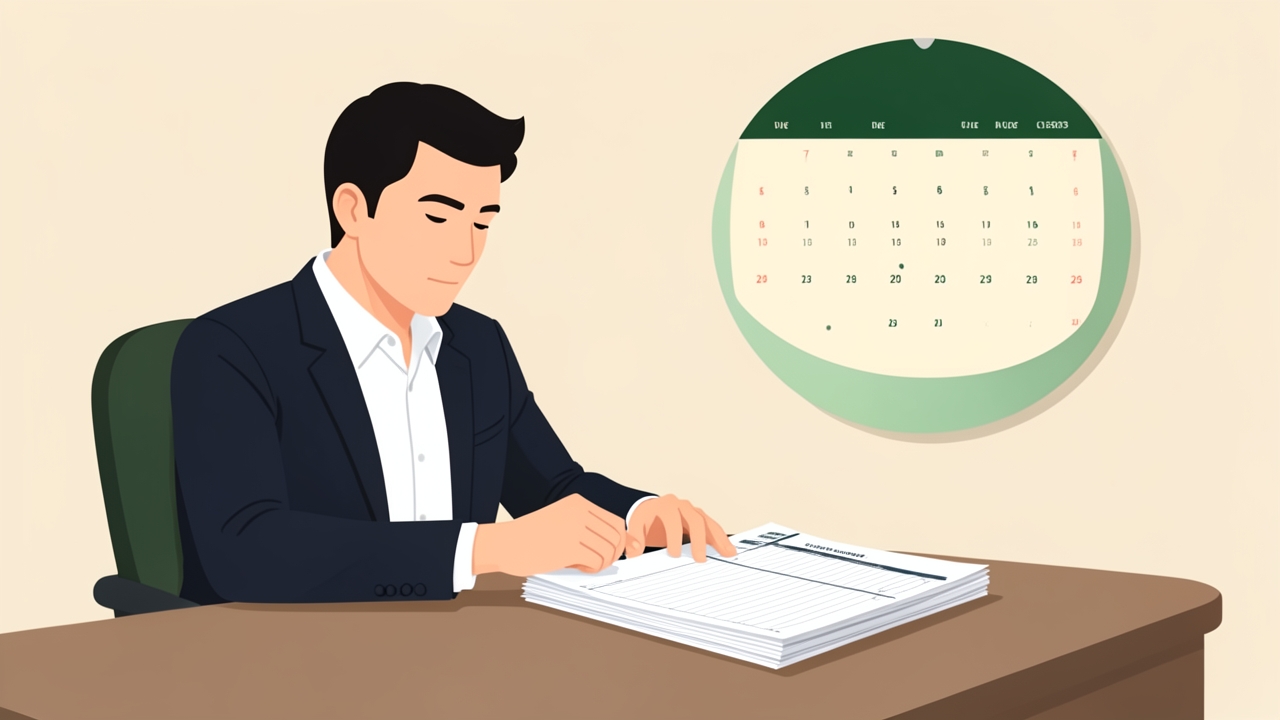 Accountant reviewing payroll forms near a calendar marking payroll tax deadlines