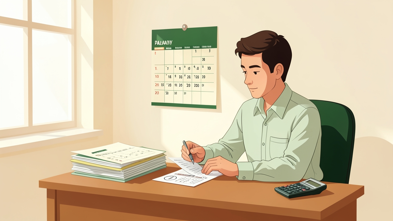 Small business owner working through a quarterly payroll tax checklist at a desk.