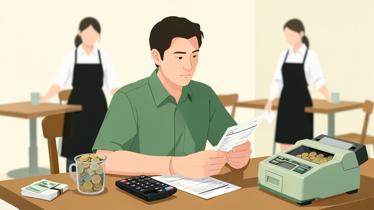 Small business owner calculating small business payroll tax at a café desk