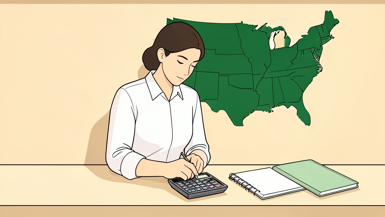 Server counting tips beside a state map, illustrating state tax rules for tipped workers.