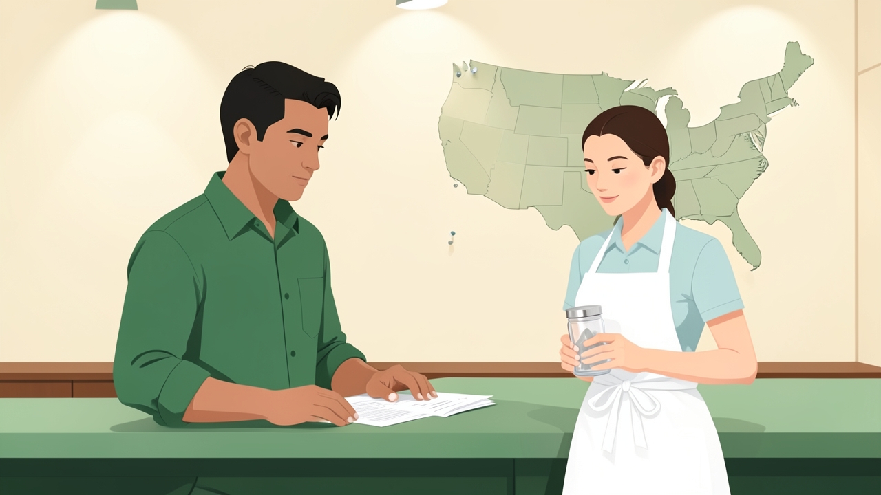 Restaurant owner and server reviewing tipped minimum wage by state rules near a U.S. map.