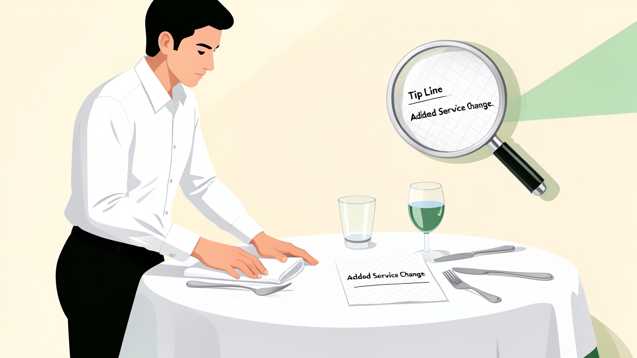 Server comparing a blank tip line and a mandatory service charge on a restaurant receipt.
