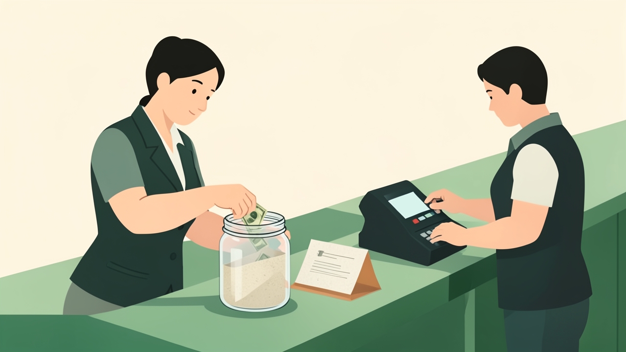 Server setting aside qualified tips in a jar at a restaurant counter