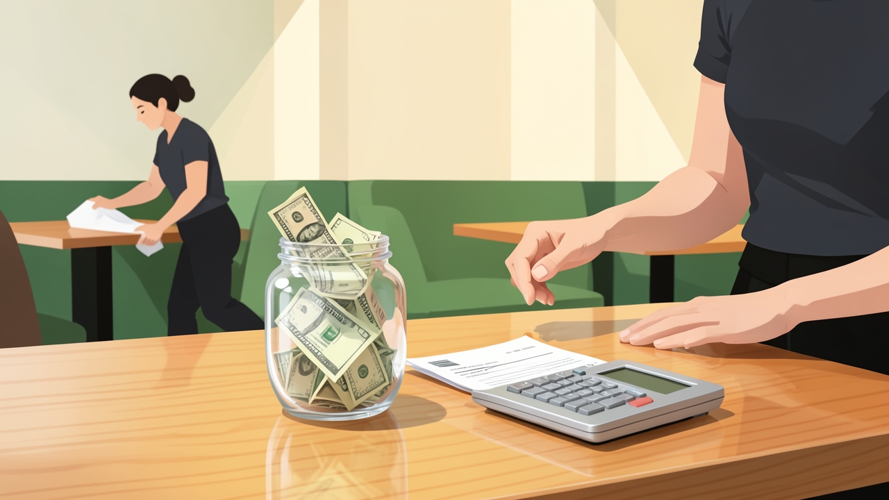 Server counting tips at a restaurant counter, illustrating what no tax on tips really means.
